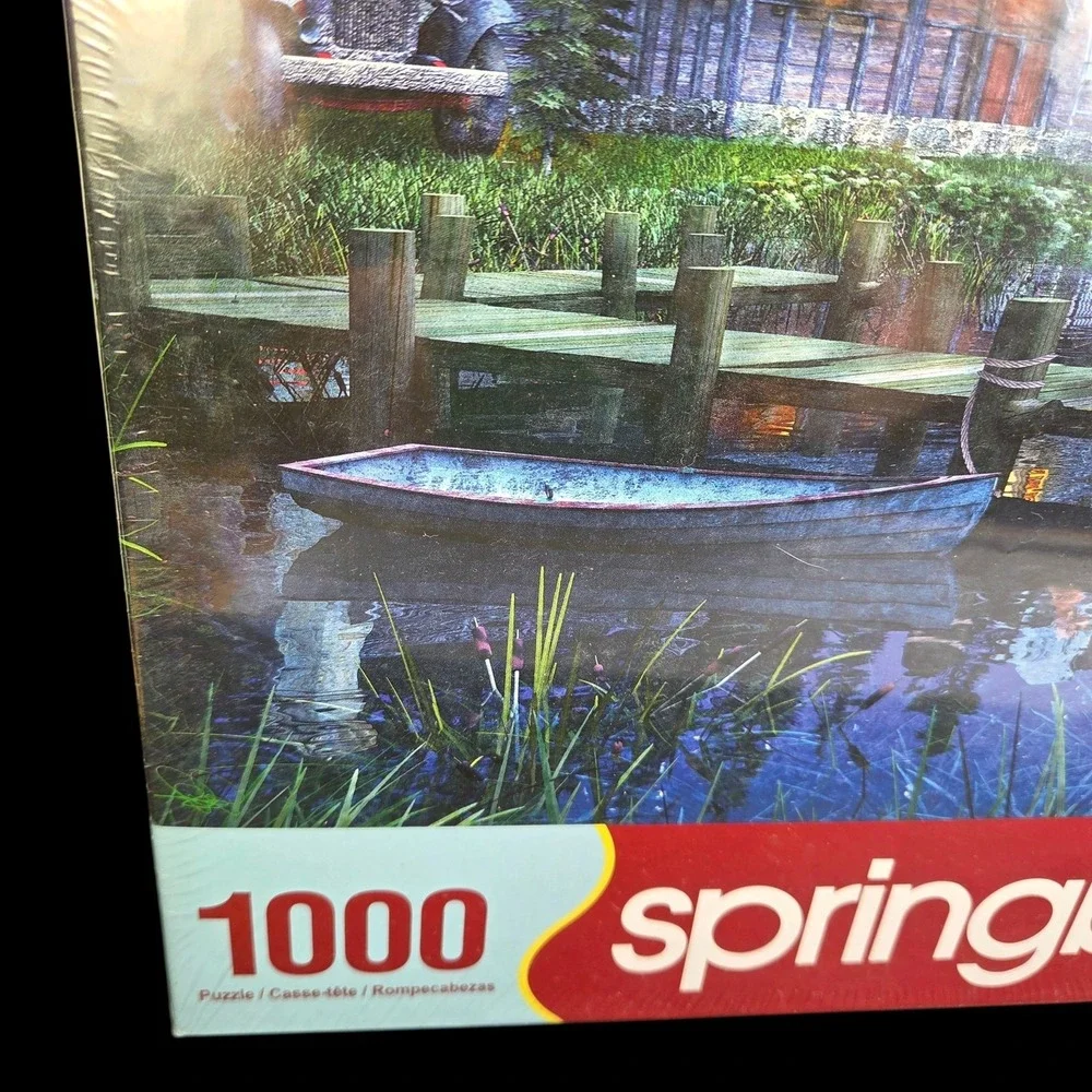 Springbok Moonlit Night 1000 Piece Puzzle 24 x 30 Dogs Cabin Lake Mountains New‎